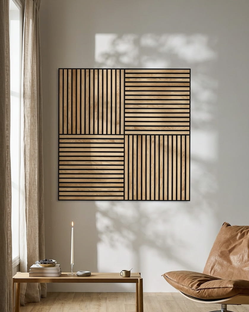 Akupanel acoustic slat wall panel in rustic natural oak on a living room wall